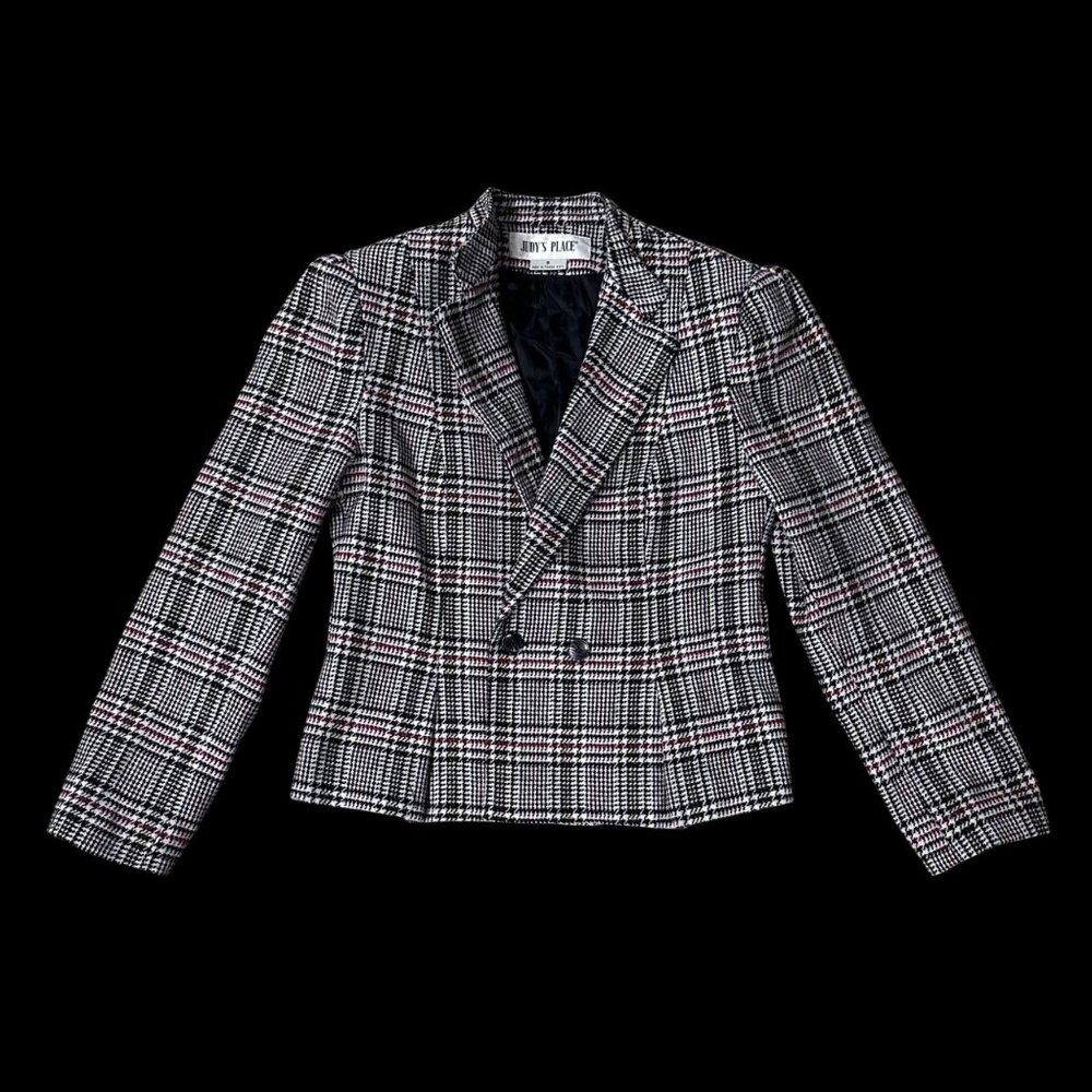 Vintage Plaid Double Breasted Blazer Suit Jacket Size 8 Judys Place Taiwan 80s - Picture 2 of 6
